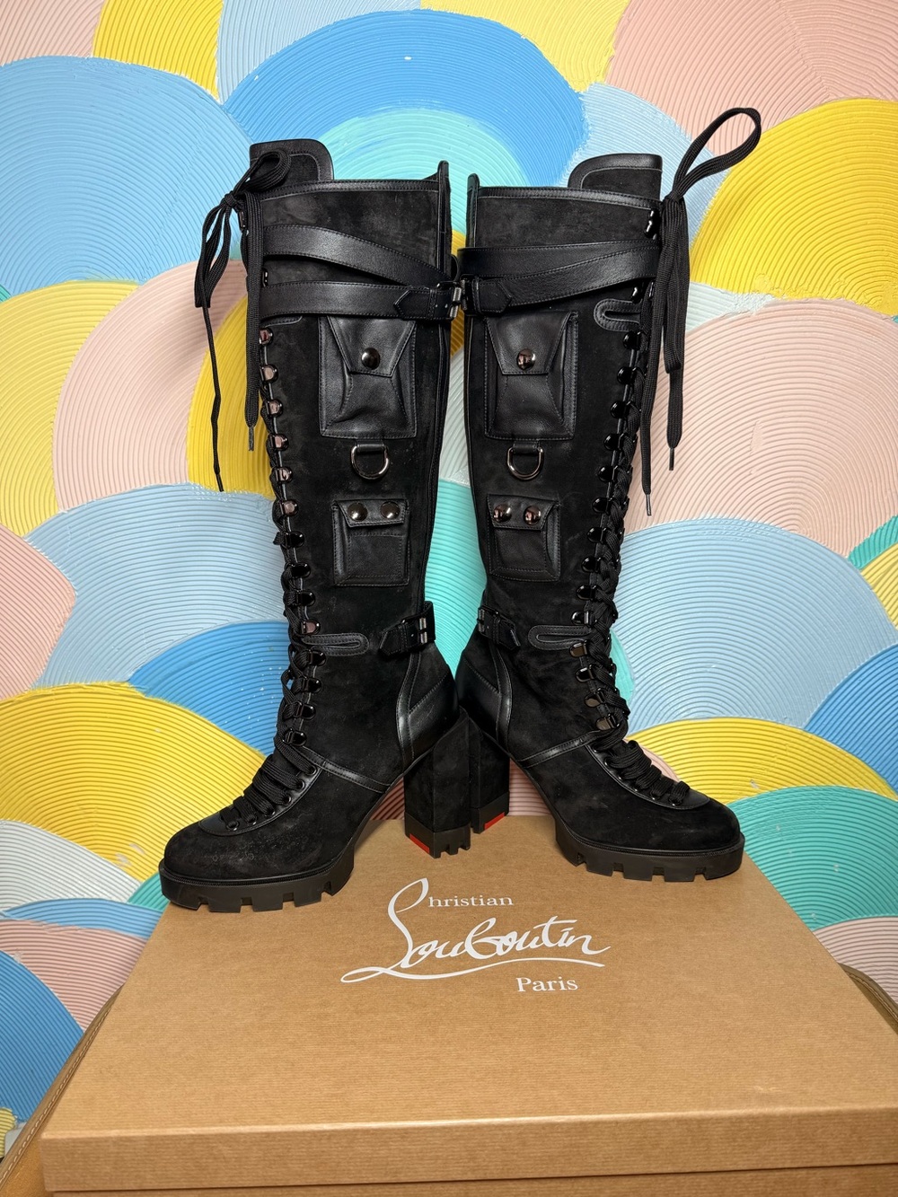 Christian Louboutin RARE Black suede sand & glory Lace Up Boots w/ Red bottoms